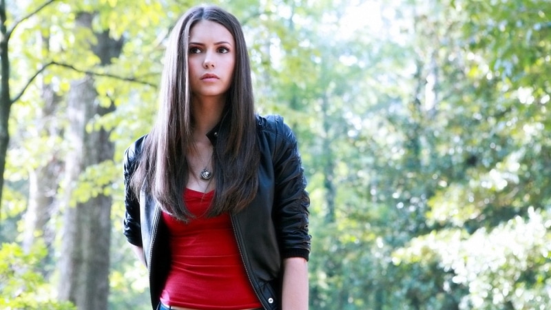 brunette, front view, leather jackets, one person, looking at camera, actress, red tops, long hair, young women, hairstyle, brown hair, outdoors, waist up
