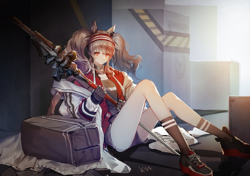 globes, red eyes, anime girls, 720P, brunette, jacket, anime, ponytail, sneakers, Arknights, long hair, socks, neko ears, legs