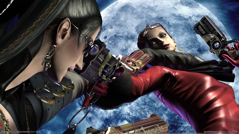 Bayonetta, video games, belief, two people, leather, 1080P, waist up, young adult, Jeanne (Bayonetta), outdoors, night, people, adult, woman, robot, low angle view