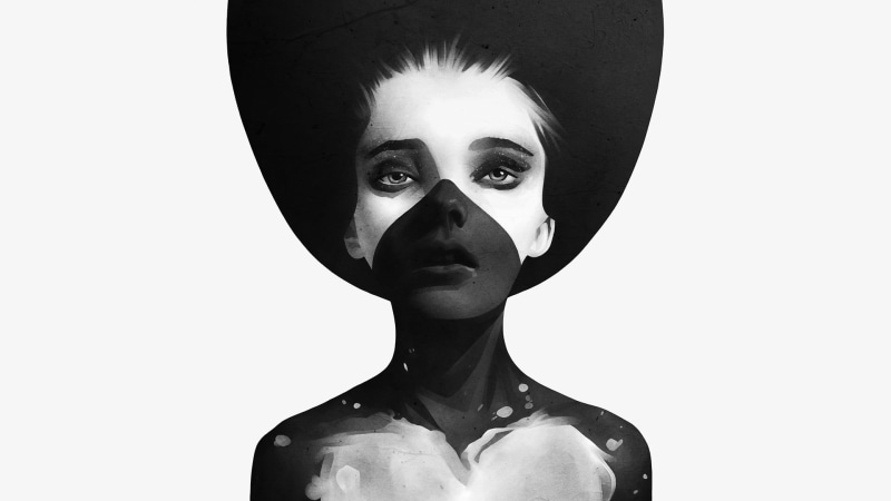 front view, looking at camera, artwork, white background, women, face paint, one person, black, contemplation, human face, white, body part