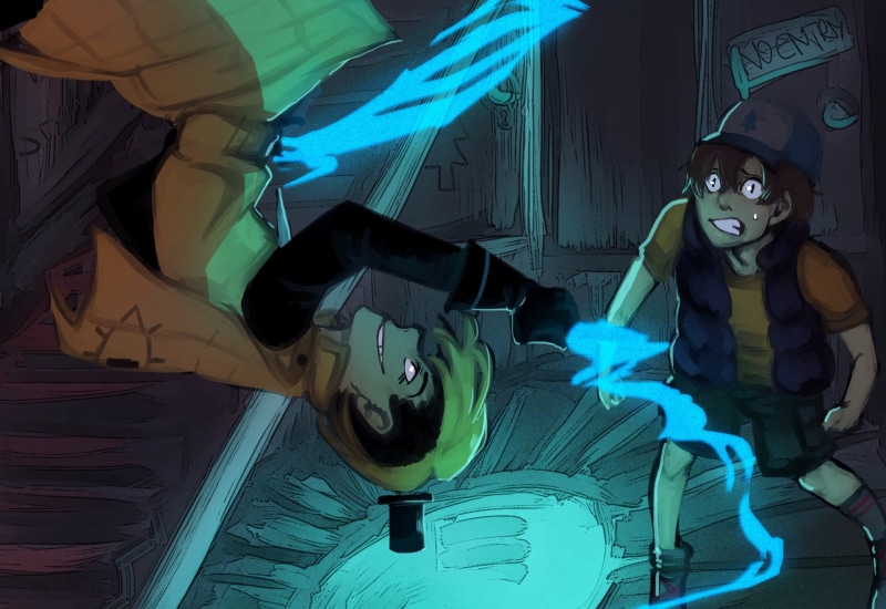 fear, two people, Bill Cipher, arts culture and entertainment, 1080P, dark, low angle view, xShieru, male likeness, illuminated, characters, indoors, spooky