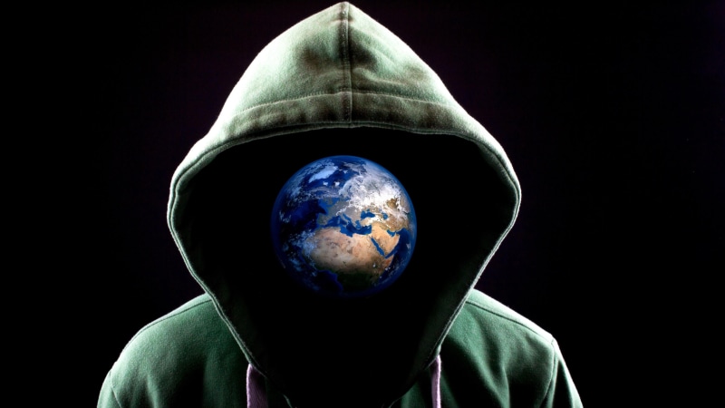 illusion, planet earth, black background, headshot, studio shot, man, hoody, 4K, indoors, body part, protection, human face, hood, human body part, space