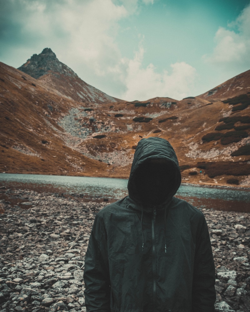 black, 4K, mountains, man, faceless, river, hood