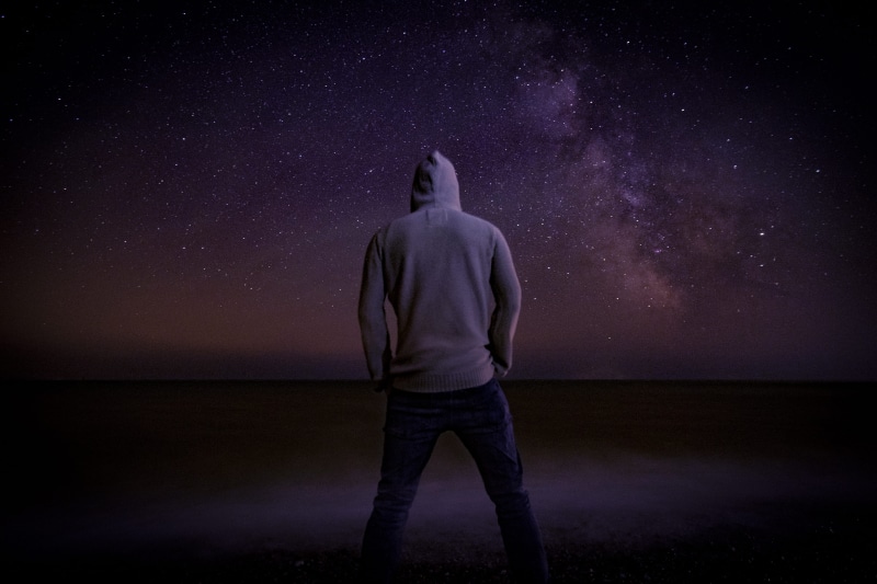 rear view, portrait, nightscape, beauty in nature, night, far, prayer, 4K, pray, star, grey, hoodie, space, star - space, astronomy, starlight, farest