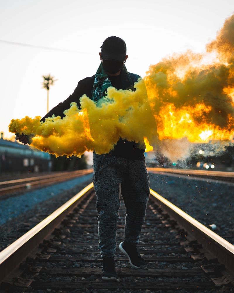 photo, 4K, train, tracks, nature, smoke grenade, casual clothing, transportation, smoke, railway, track, motion, clear sky, smoke bomb, urban photography