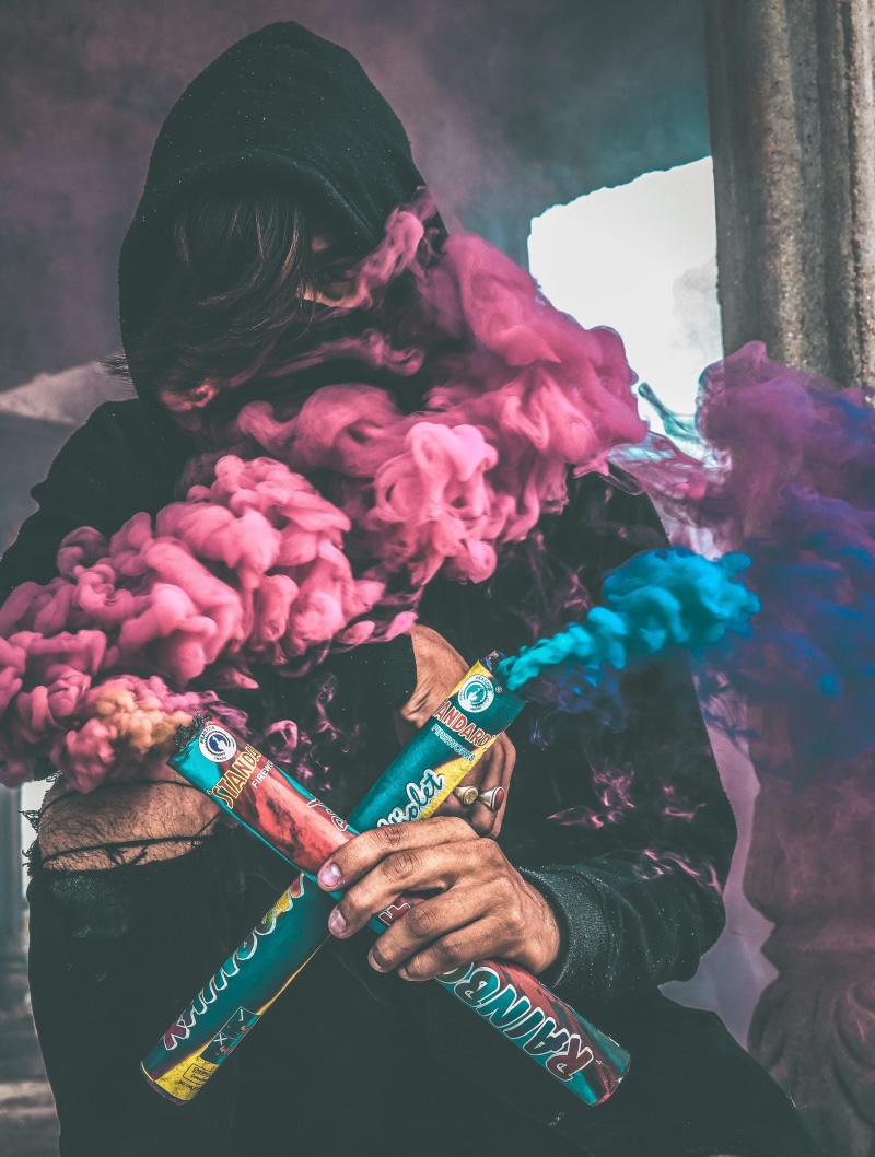 arts culture and entertainment, performance, 4K, hoodie, one person, lifestyles, smoke, men, makers, focus on foreground, event, obscured face, blue, purple