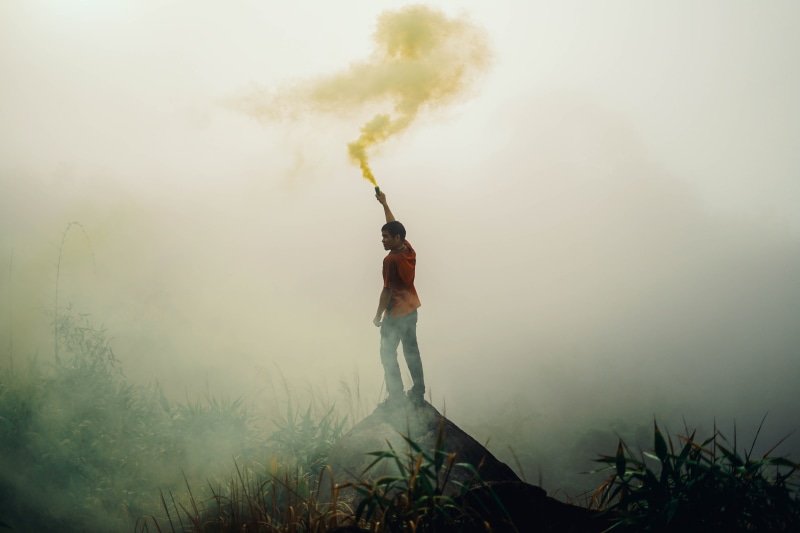 land, fogs, men, plant, outdoors, smoke - physical structure, air pollution, full length, 5K, standing, pollution, one person, factory, hold, person, nature