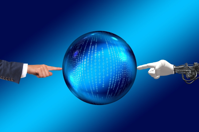 shiny, touch, show, disco ball, indoors, studio shot, holding, blue background, robot, hand, illustration, colored background, human body part, human, interface