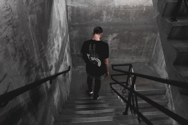 follow, man, full length, hairstyle, shirt, stairwell, indoors, casual clothing, going down stairs, dude, day, guy, railing, leisure activity, walking