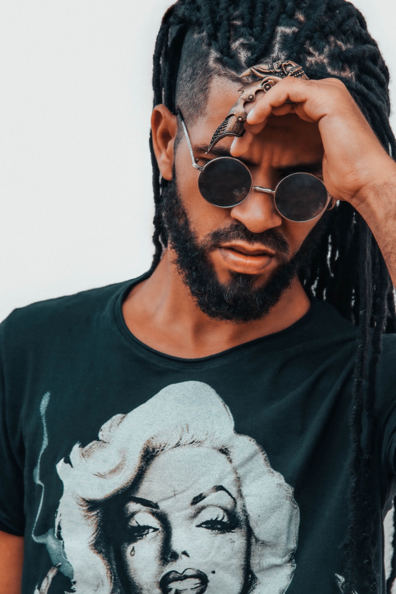 style, streetwear, young men, portrait, sunglasses, hairstyle, young adult, dreads, mustache, beard, edgy, person, male, mens fashion, tshirt, hipster - person