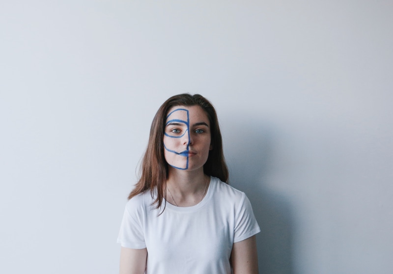 blue, fun, young Adult, human Face, cute, t, neck, modern, white space, white t-shirt, leaning, looking At Camera, females, student, 5K, brown Hair, mask