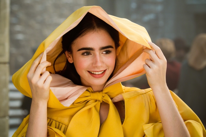 portrait, celebrity, hoods, happiness, women, Lily Collins, front view, holding, 2K, smiling, one person, outdoors, lifestyles, yellow, looking at camera