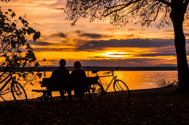 couple, land, 4K, scenics - nature, view, romantic, orange, sunset, pair, lifestyles, lake constance, bank, mirroring, near, couple - relationship, bike
