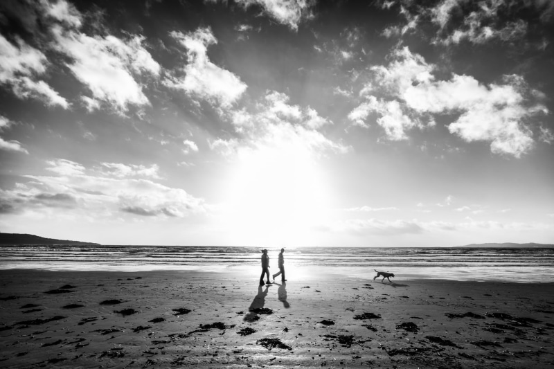 dublin, faceless, beach, seashore, man, sunrise, by the sea, ireland  island, sea, people, walking, voigtlander, nature, clouds, bull, grayscale, woman