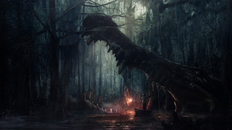 tree, fiction, teeth, darkness, forest, swamp, crocodile, mouth, bayou, wetland, 1080P, monster, jungle