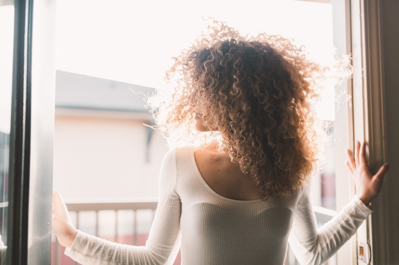 home Interior, curly Hair, female in window frame, moody, beauty, young Women, faceless, domestic Life, curtain, curly afro hair, adult, 5K, door, portraiture