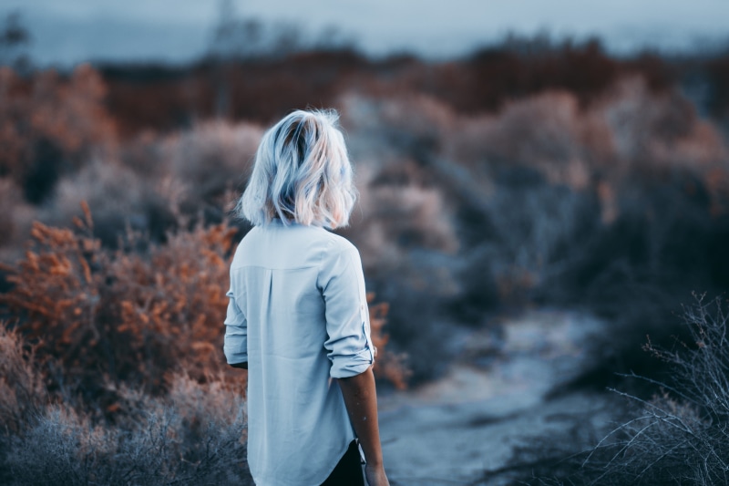 ash blonde, waist up, adult, land, landscape, standing, three quarter length, contemplation, long hair, looking at view, tan, women, blonde hair, shirt