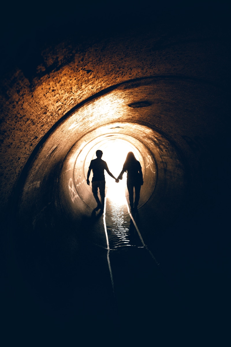 light at the end of the tunnel, stream, leisure activity, couple - relationship, couple, adult, two people, water, boy, togetherness, full length, faceless