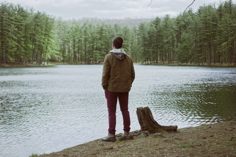 tranquility, casual clothing, land, woods, tree stump, lake, hiking, near, vibe, plant, body, camping, 5K, person, looking at view, standing, nature, hanging out