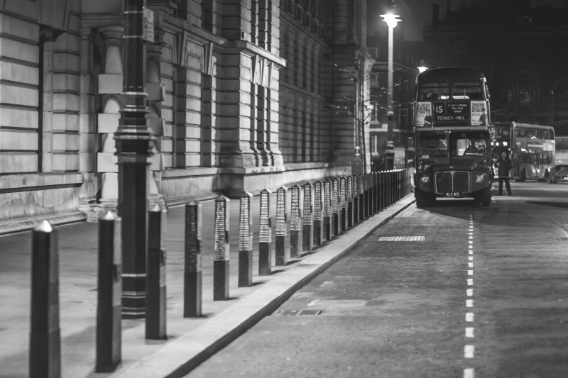 street, the way forward, night, lighting equipment, street light, urban Scene, bus, outdoors, land vehicle, white, city, illuminated, Black and White, direction