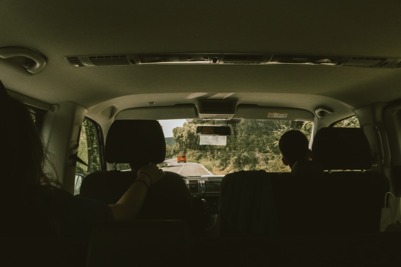 sunlight, 5K, public transportation, sunny, road, transportation, travel, lifestyles, group of people, back seat, window, sitting, car, human, inside car