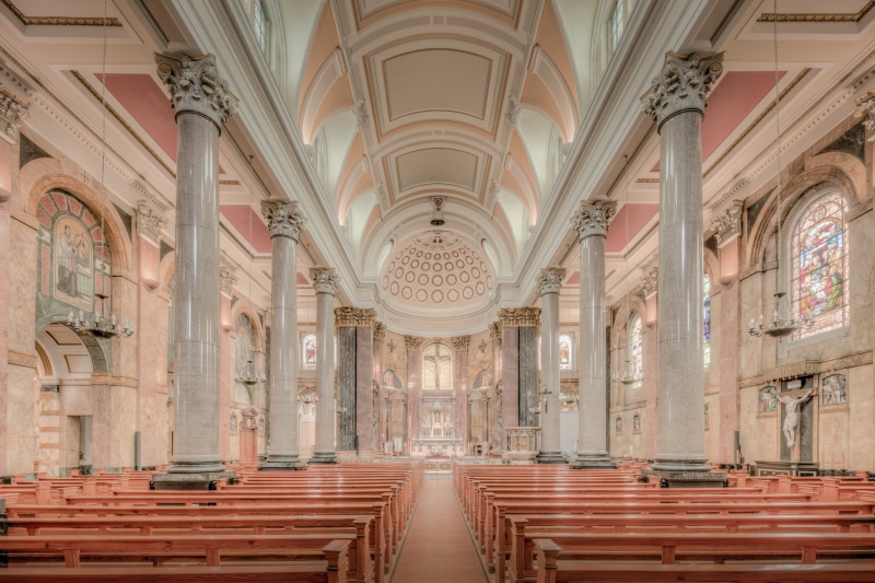 room, light, gray, ornate, pew, aisle, built structure, architectural column, ceiling, belief, concrete, 8K, no people, architecture and art, red, in a row