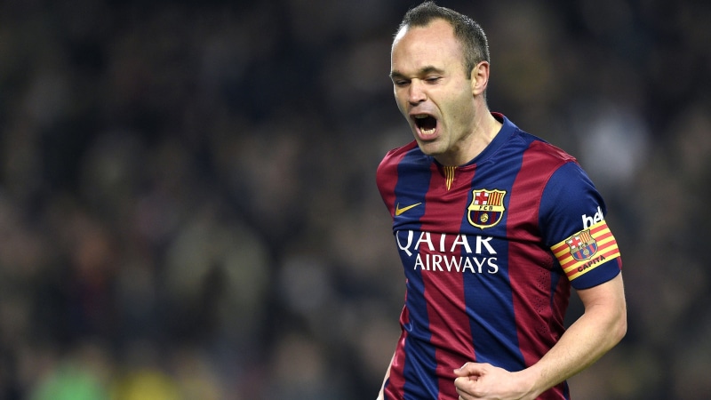 clothing, one person, fc, Barcelona, aggression, team sport, shouting, males, mouth open, athlete, body part, Iniesta, hand, outdoors, adult, sportsman