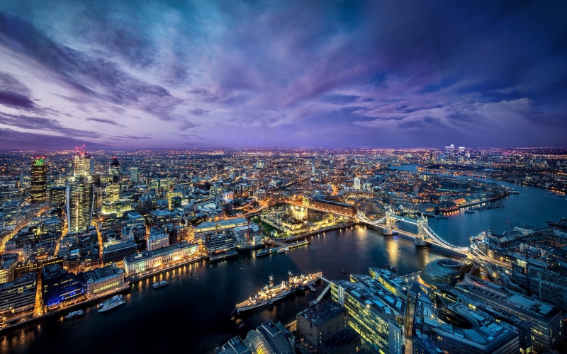 office building exterior, sunset, building exterior, cityscape, high angle view, cloud - sky, bridge, built structure, London, England, River Thames, city
