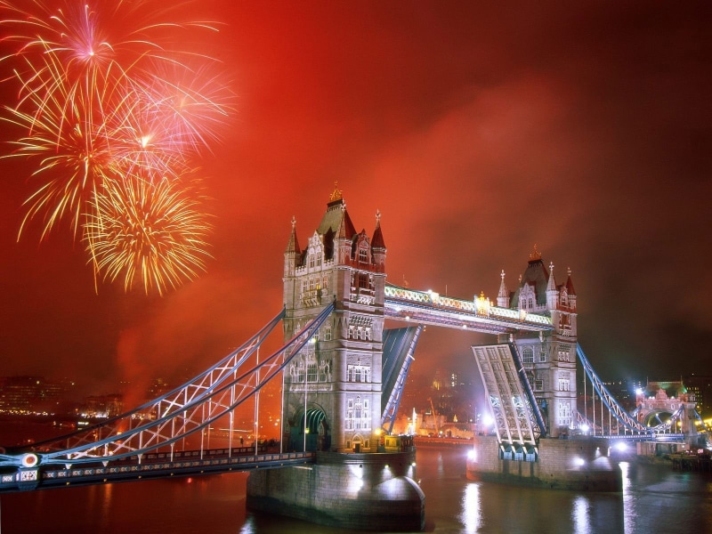 fireworks, London Bridge, UK, city, London, River Thames, 720P, bridge, architecture