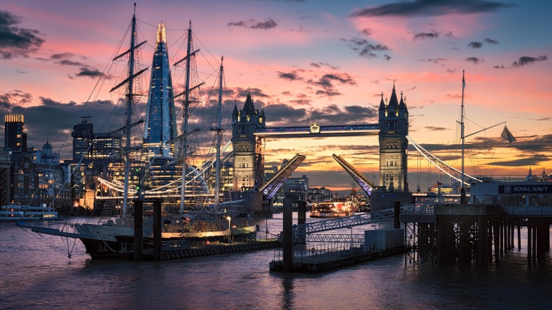 port, dawn, cityscape, water, river, tower bridge, 4K, dusk, morning, europe, united kingdom, thames, harbor, ship, london, sunrise