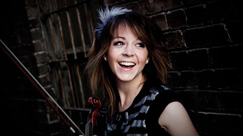 front view, looking at camera, hairstyle, fear, black, headshot, aggression, shirt, 720P, Lindsey Stirling, adult, violin, woman, one person, wearing
