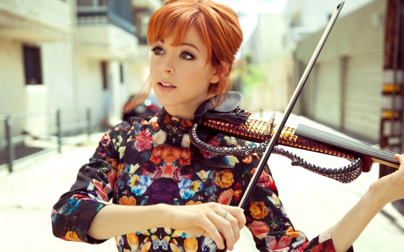 Lindsey Stirling, redhead, holding, hairstyle, women, waist up, bangs, one person, young adult, adult, casual clothing, beautiful woman, lifestyles, leisure activity