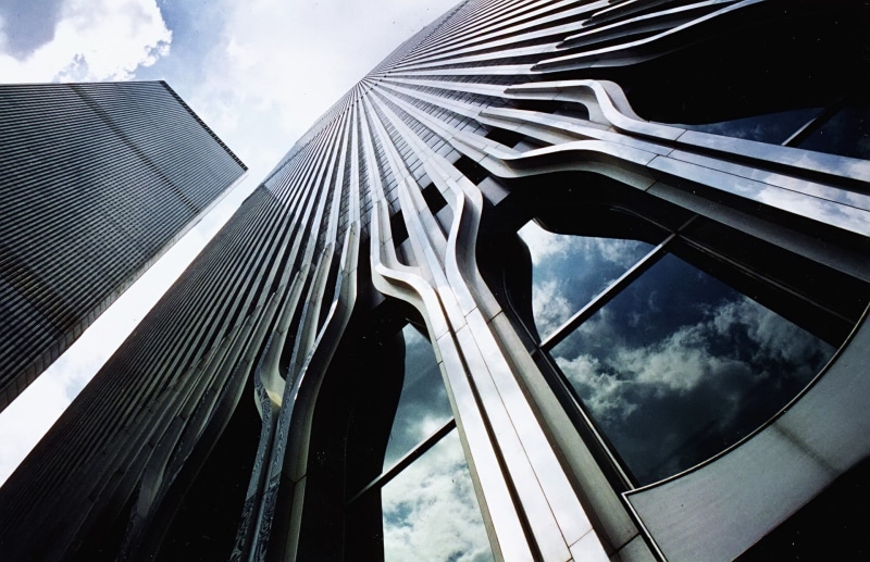 building, rise, building exterior, angle, bridge, office building exterior, low, high, nature, financial district, connection, no people, sky, built structure