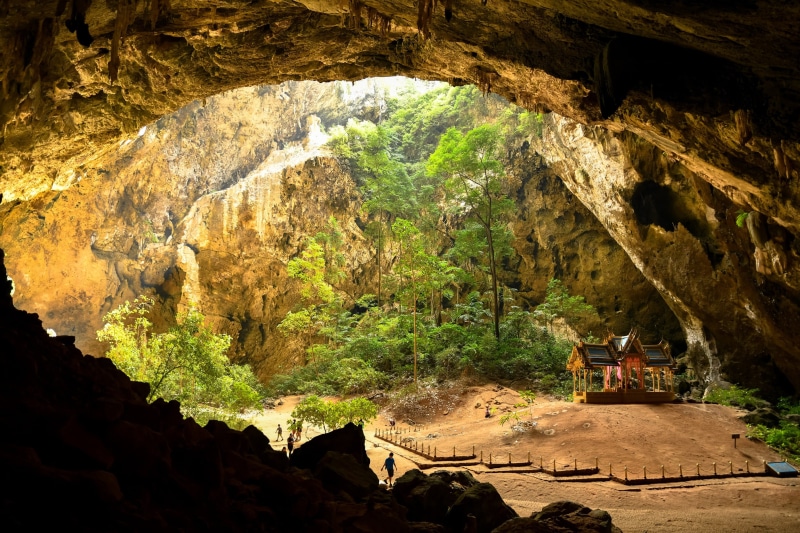 trees, Phraya Nakhon Cave, 2K, cave, the sun, gazebo, Thailand, people, rocks, stones