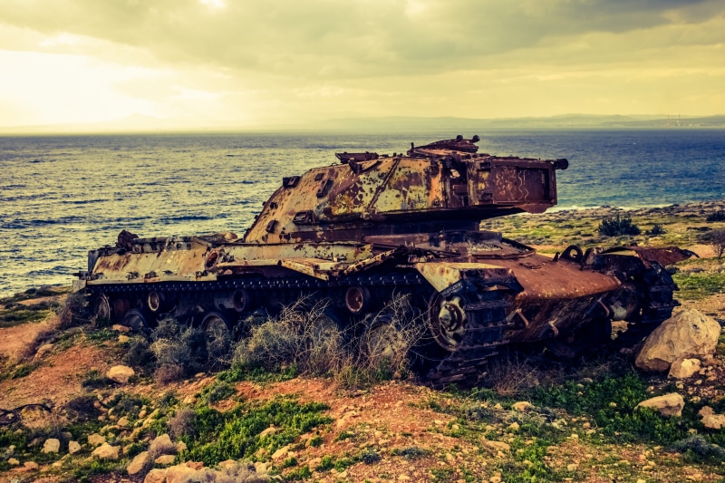 5K, cloud - sky, decay, scenics - nature, decline, land, old, cyprus, beach, outdoors, obsolete, wreck, wear and tear, battle, armored tank, ruined, sea