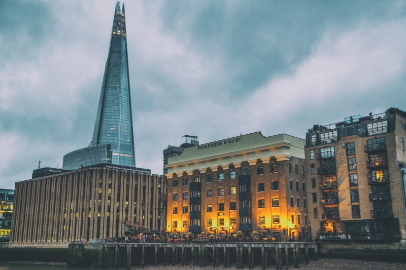 city, architectural column, spire, built Structure, skyscraper, outdoors, thames, low angle view, cityscape, angle, London, river, dusk, building, modern
