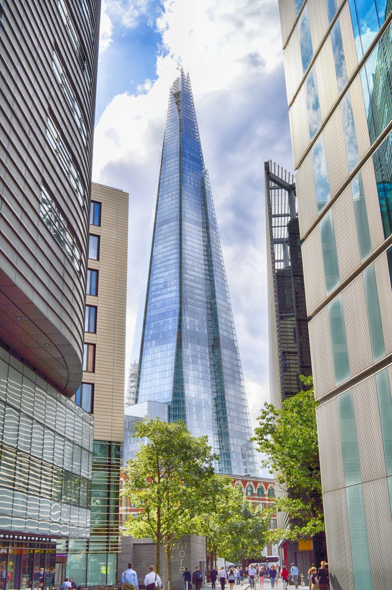 travel destinations, cityscape, 5K, tall - high, london, england, day, cloud - sky, city, low angle view, tree, skyscraper, spire, building, modern, nature