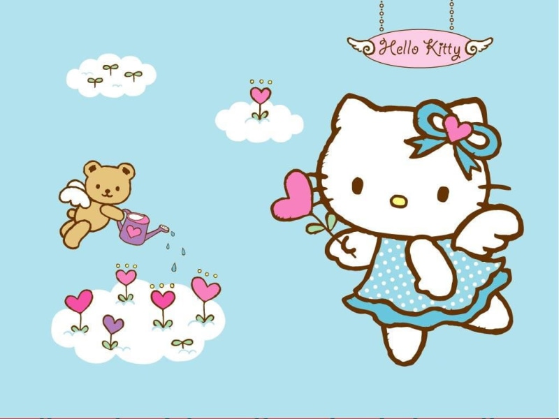 anime, hello, art, Dress, Clouds, kitty, Flowers, bow, cute, bear, 480P, hd