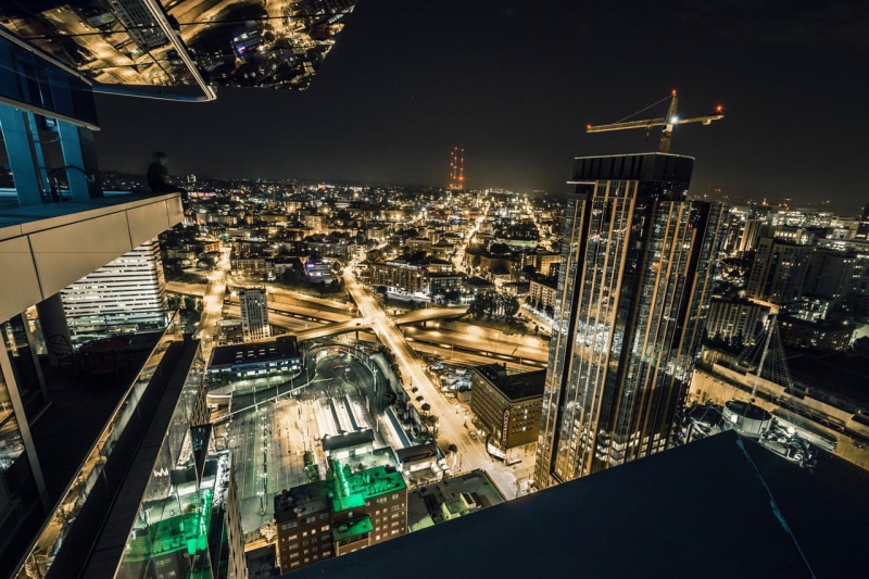city life, transportation, 720P, travel destinations, street, building exterior, modern, skyscraper, high, night, high angle view, cranes (machine), illuminated
