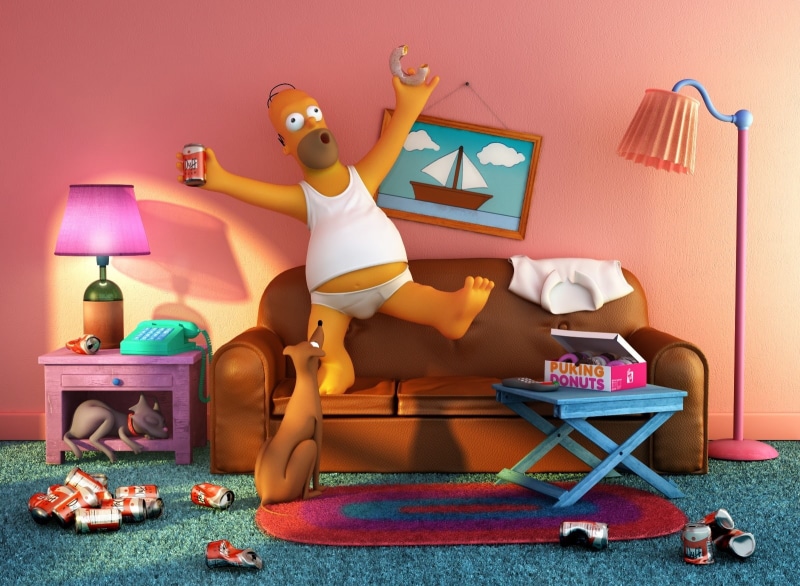 living room, figurine, electric lamp, toy, simpsons, homer simpson, art and craft, still life, 720P, home interior, creativity, indoors, sofa