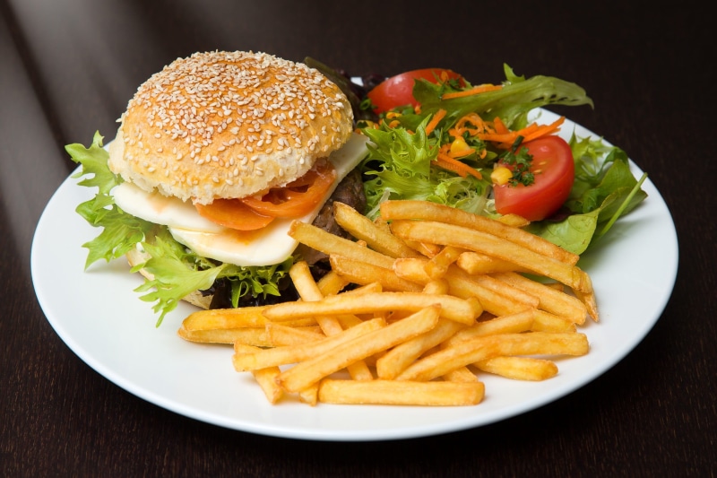 vegetable, indoors, fast food, studio shot, hamburger, 1080P, potato, fries, food, snack, fried, plate, filled, sandwich, prepared potato, black background