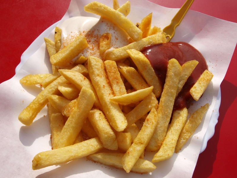 deep fried, fries, unhealthy, serving size, fried, food, plate, food and drink, take out food, temptation, still life, catsup, high angle view, french fries
