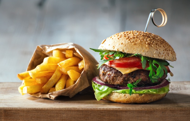 1080P, filling, fries, fast food, hamburger, buns, board, brown, wooden, french, cheeseburger