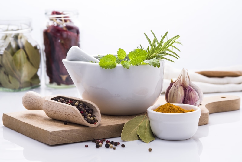 healthy eating, ingredient, healthy, 2K, leaf, no people, food, wood - material, kitchen, mint leaf - culinary, cooking, garlic clove, mortar and pestle