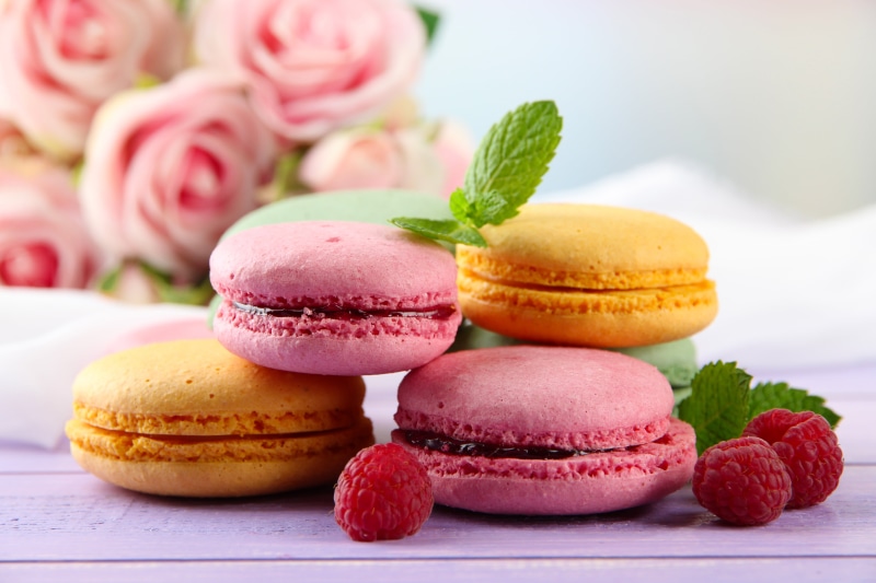 homemade, cake, pink Color, 4K, five, freshness, still life, baked, backgrounds, cookie, white, snack, france, indulgence, raspberry, candy, almond, mint leaf - culinary