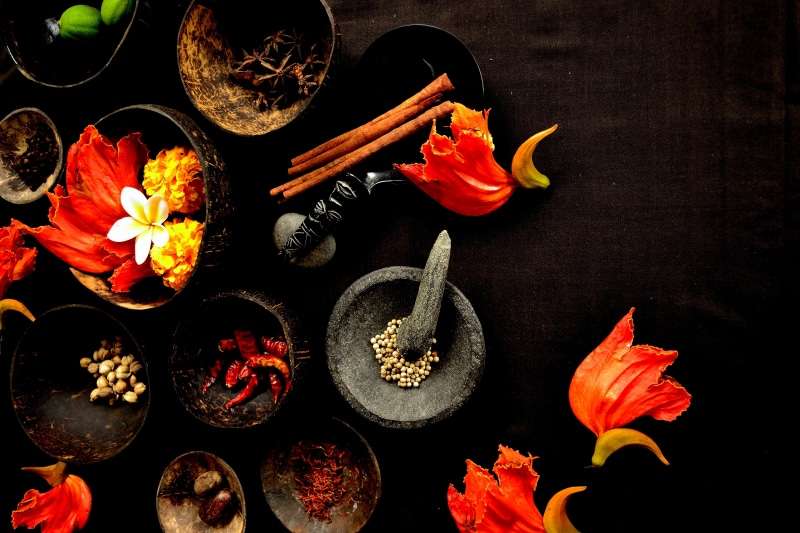 pepper, bowls, spices, table, gray, mortar, 8K, petals, star anise, pestle