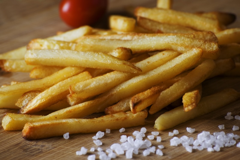 food and drink, take out food, wood - material, salt - seasoning, no people, macro, close-up, 4K, ready-to-eat, table, snack, french, board, brown, french fries