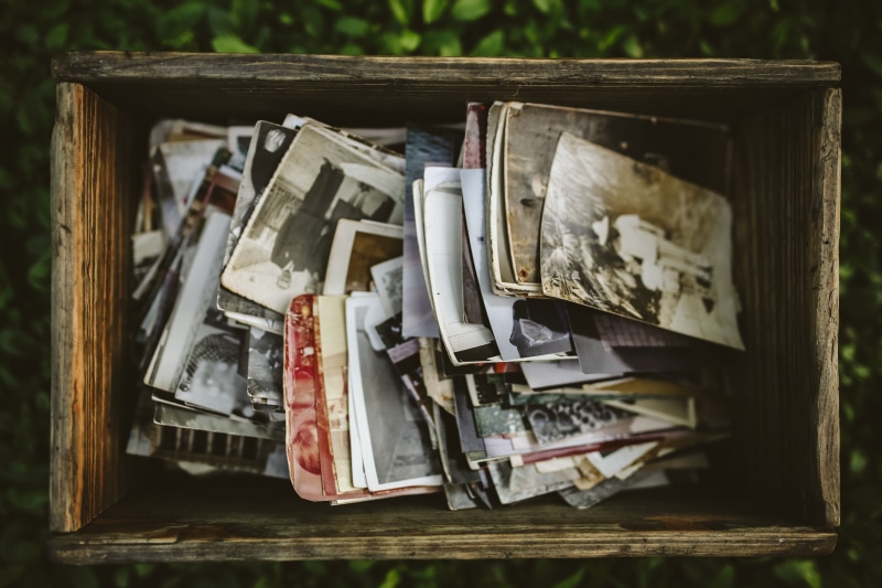 directly above, group of objects, container, mail, box, no people, wood - material, group, vintage, old-fashioned, book, photos, still life, publication