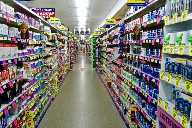 healthcare, arrangement, Products, retail display, Drugstore, supermarket, choice, Chemist, aisle, order, retail, market, illuminated, 5K, store, display