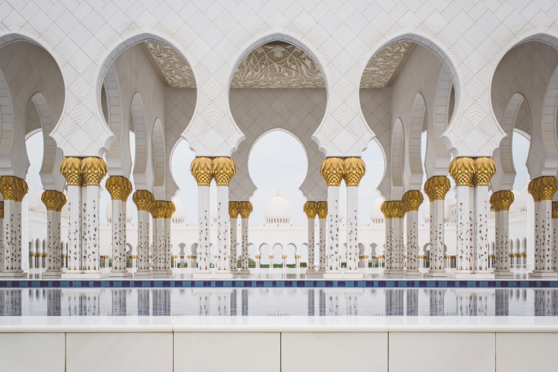 architectural photography, outdoors, large group of objects, building, no people, pillar, white, pool, floral pattern, built structure, palace, ornate